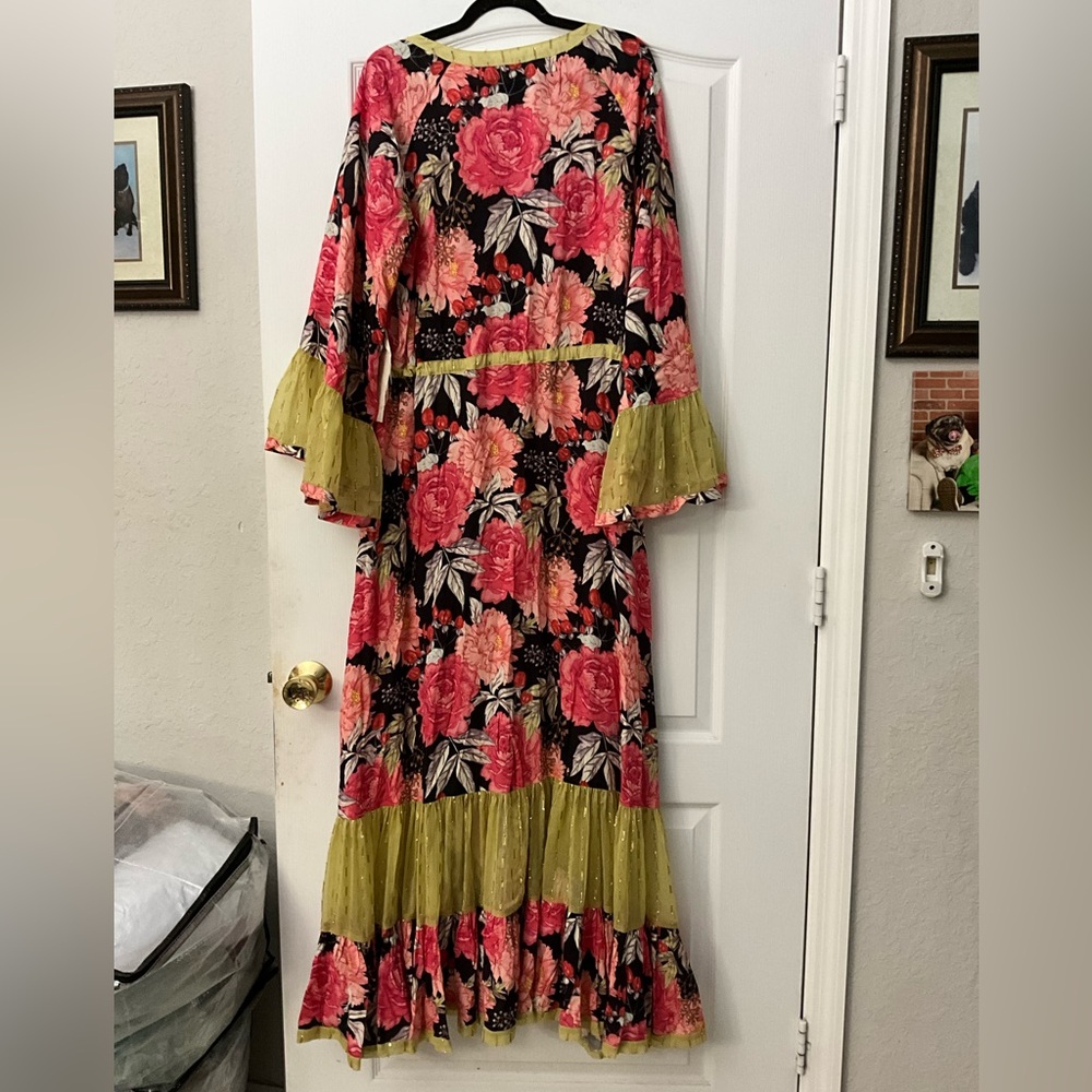 Aratta Silent Journey Black Maxi Dress with Pink Floral and Olive Trim maxi Sz - Picture 3 of 5